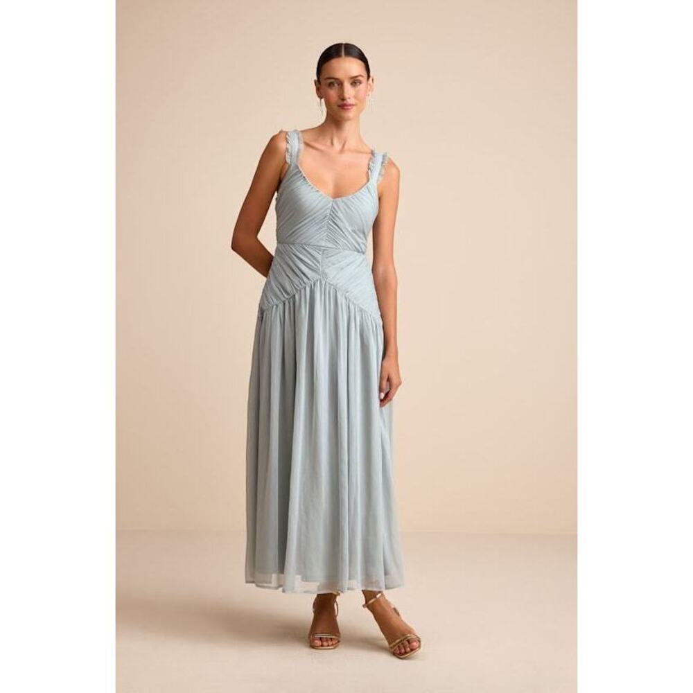 Lulus Laufey Dusty Blue Pleated Drop Waist Midi Dress - Size S